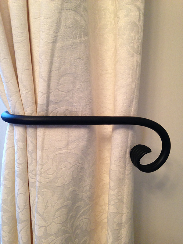  A Pair of Hand Forged Black Wrought Iron Tie Backs with Scroll / Shepherds Crook Ends